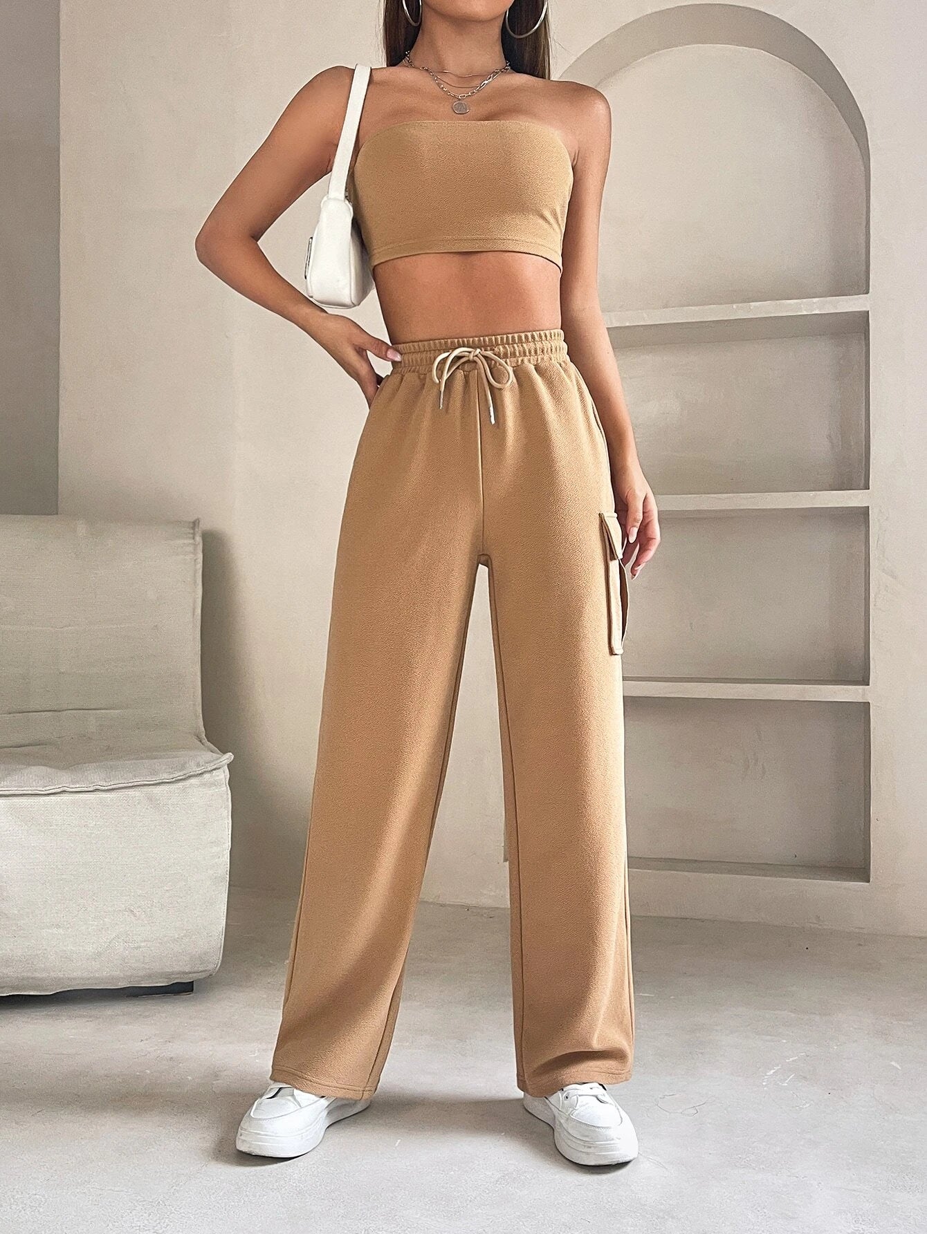 Tube Crop Top And Drawstring Cargo Pants – model wearing view