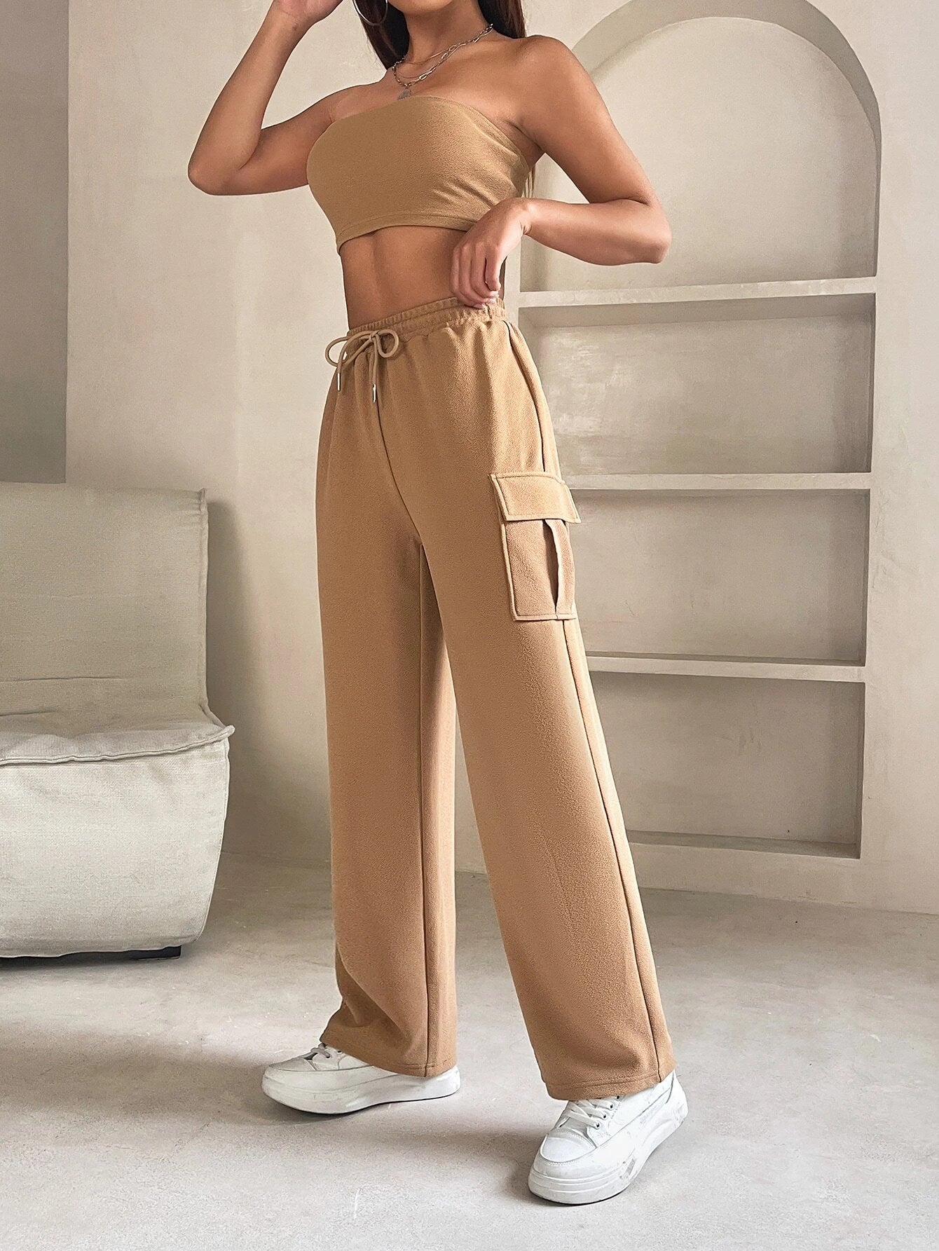 Tube Crop Top And Drawstring Cargo Pants – fabric detail close-up