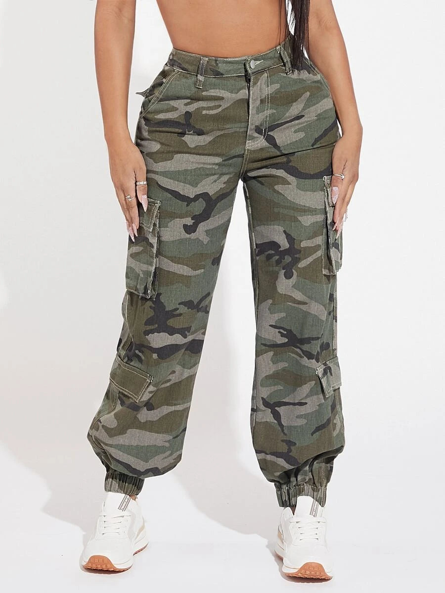 Camo Print Flap Pocket Side Cargo Jeans in Dark Green – side profile view