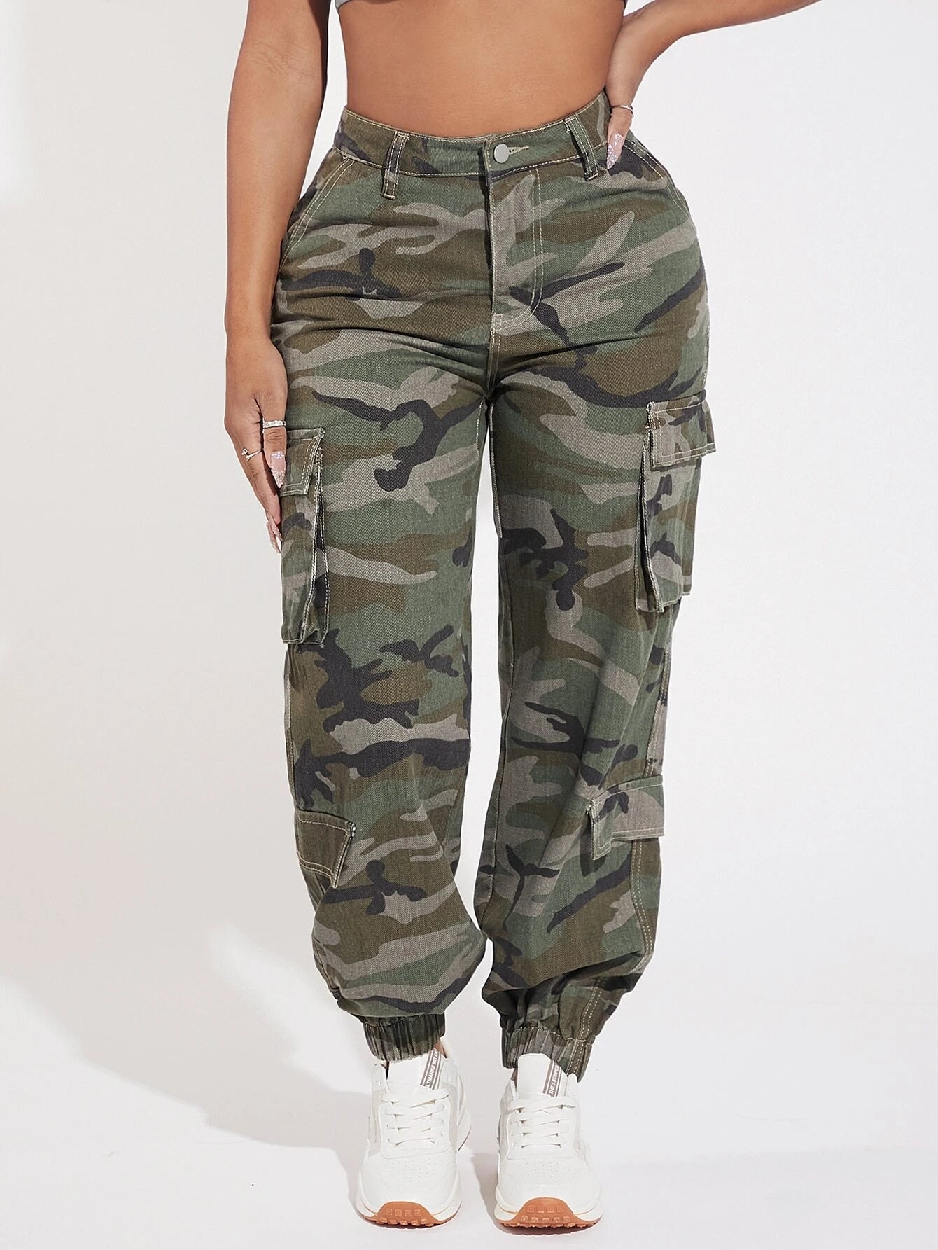 Camo Print Flap Pocket Side Cargo Jeans in Brown – women's cargo pants front view