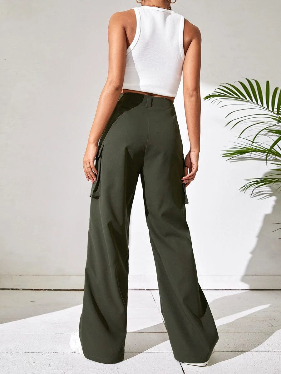 Solid Flap Pocket Side Wide Leg Pants – waistband detail