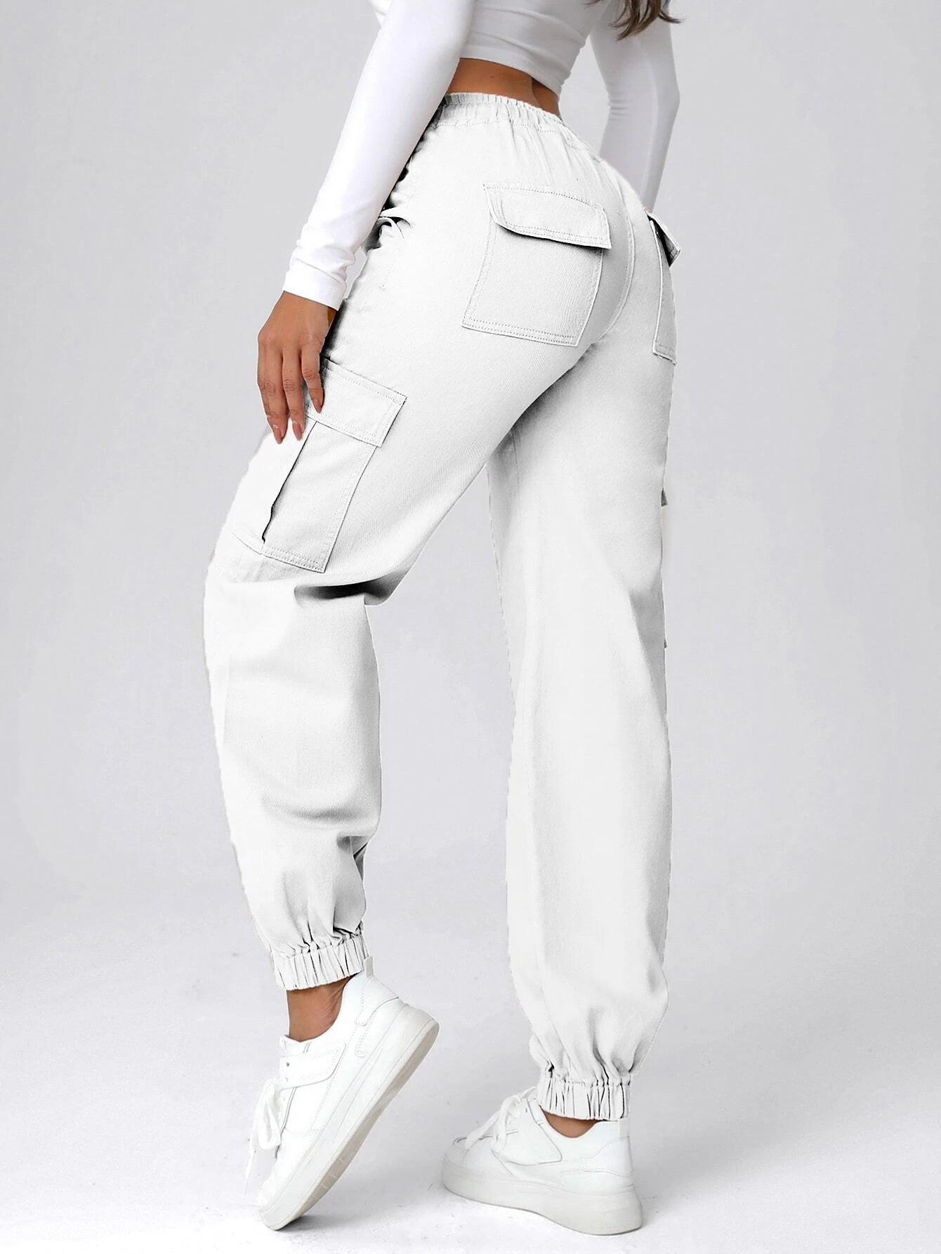 Drawstring Waist Flap Pocket Cargo Jeans – side profile view