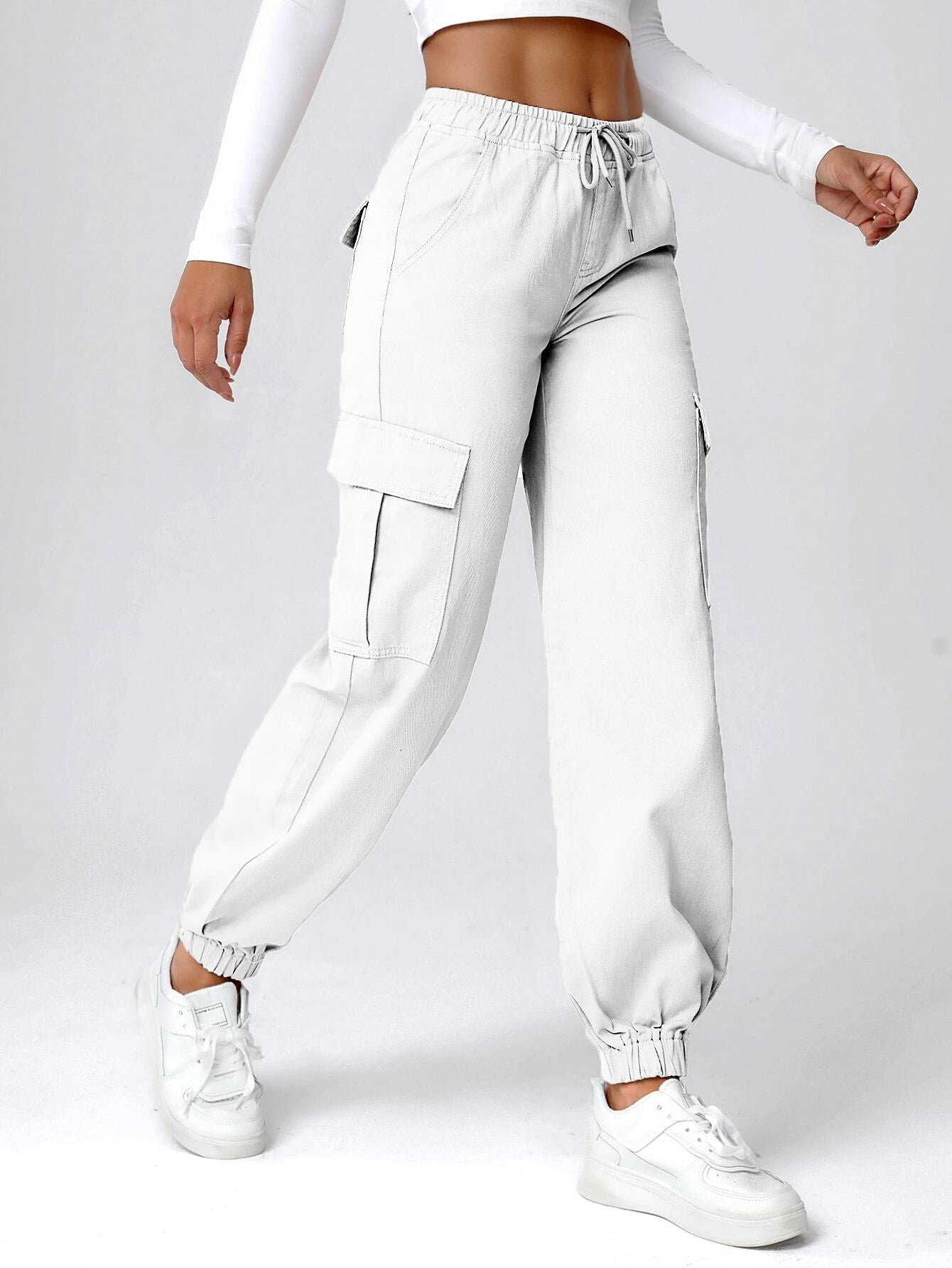 Drawstring Waist Flap Pocket Cargo Jeans – back view detail