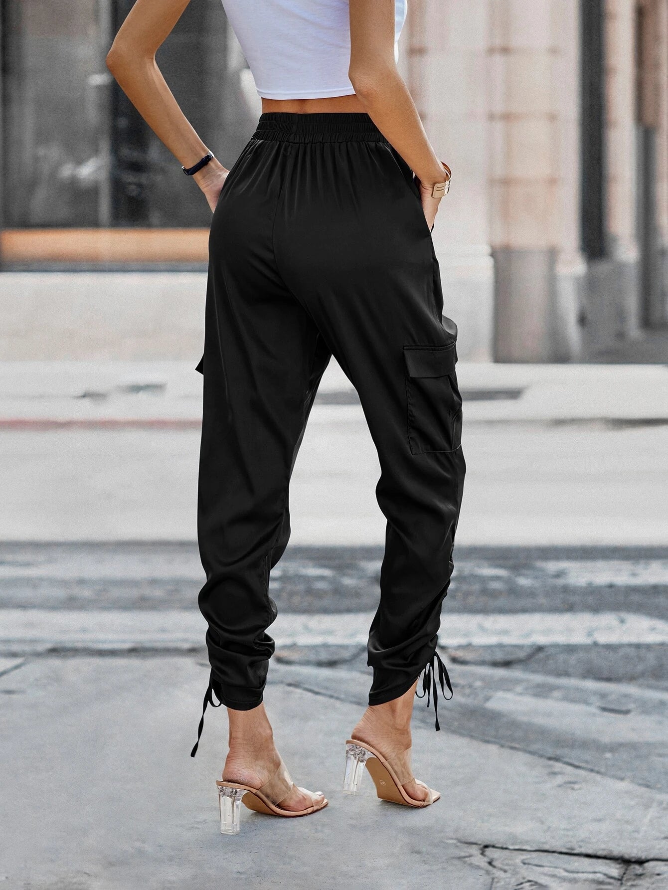 Side Stacked Drawstring Pants – side profile view