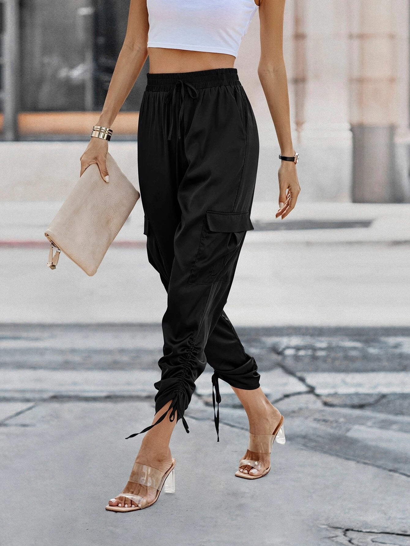Side Stacked Drawstring Pants – waistband detail