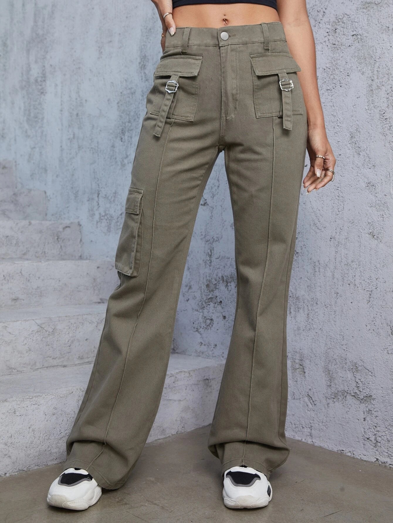Zipper Flap Pocket Flare Cargo Jean – side profile view