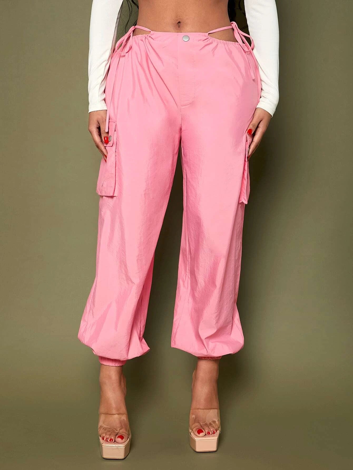 Drawstring Waist Cargo Parachute Pants – pocket detail close-up