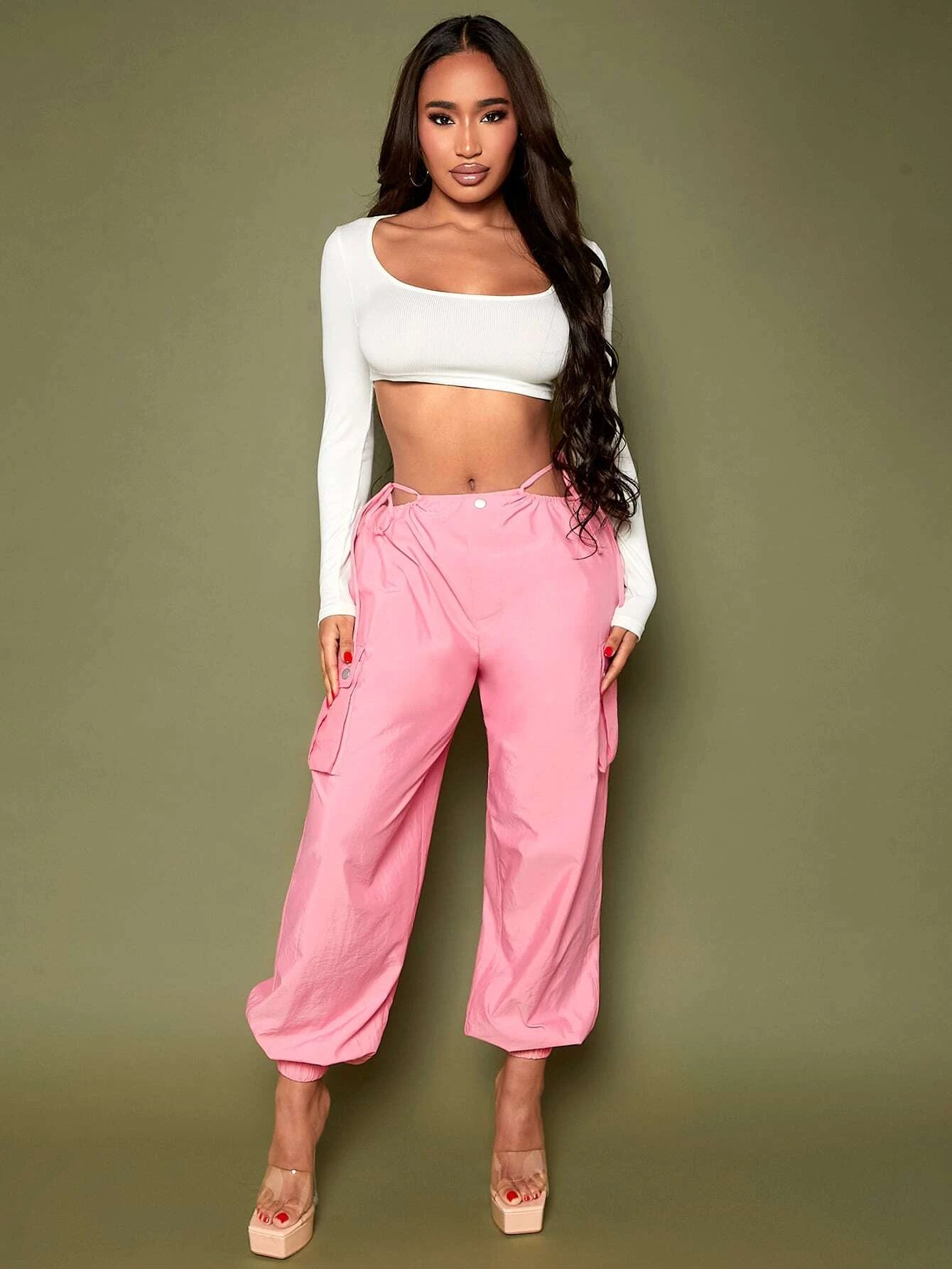 Drawstring Waist Cargo Parachute Pants – side profile view