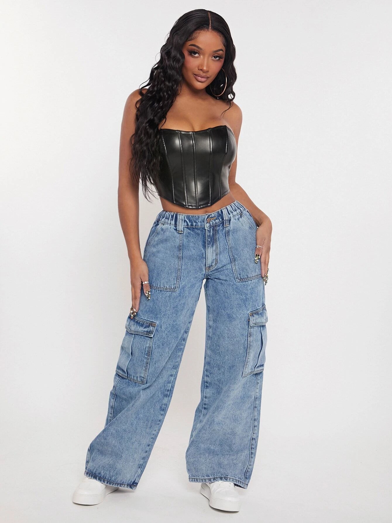 Flap Pocketed Cargo Jeans – side profile view