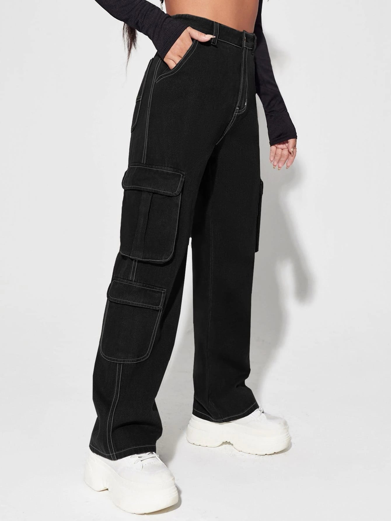 Non-Stretch Zipper Cargo Jeans – back view detail