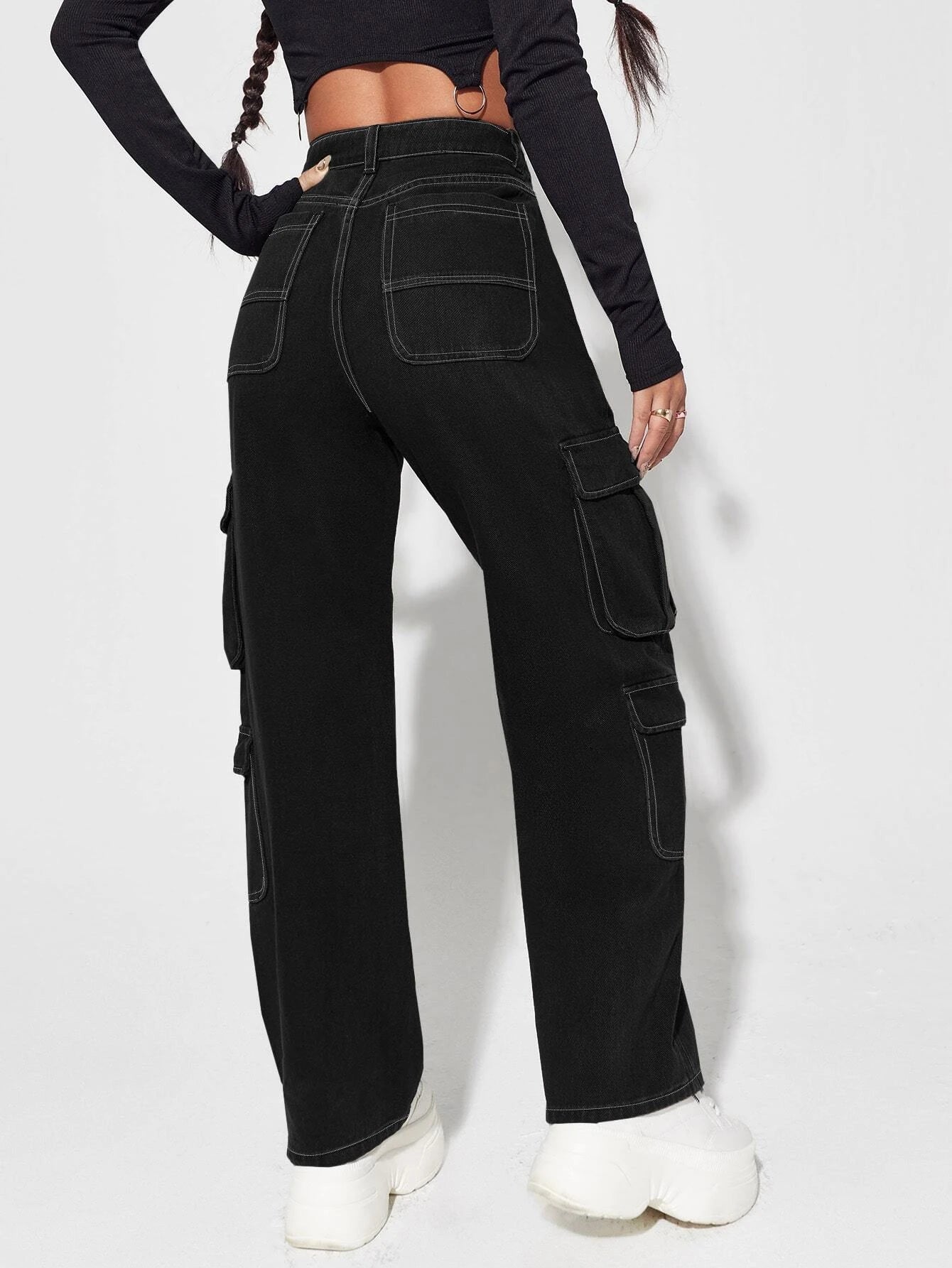 Non-Stretch Zipper Cargo Jeans – pocket detail close-up