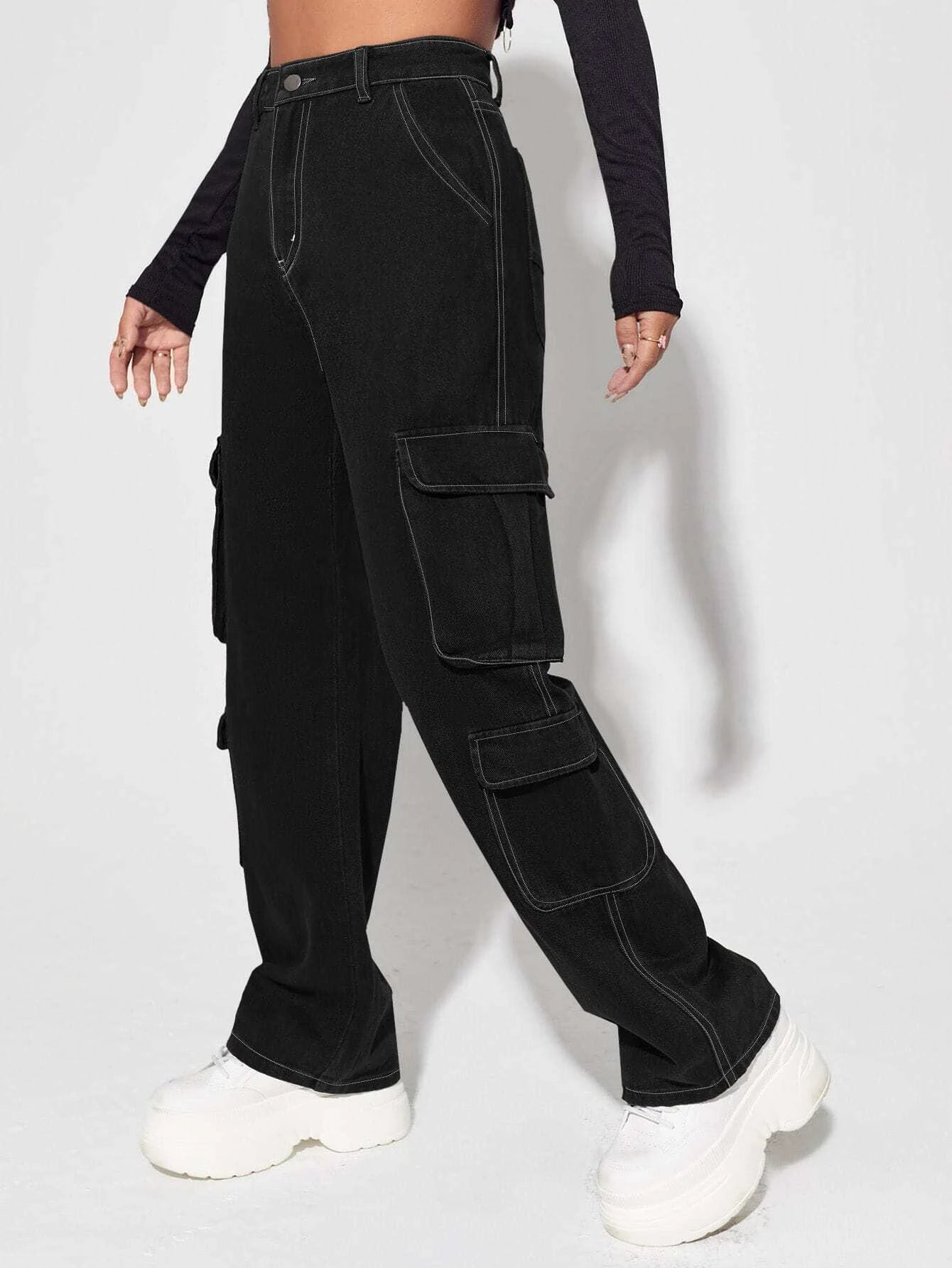 Non-Stretch Zipper Cargo Jeans – waistband detail