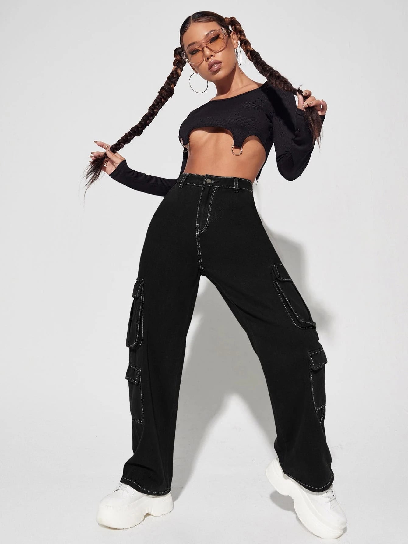 Non-Stretch Zipper Cargo Jeans – side profile view