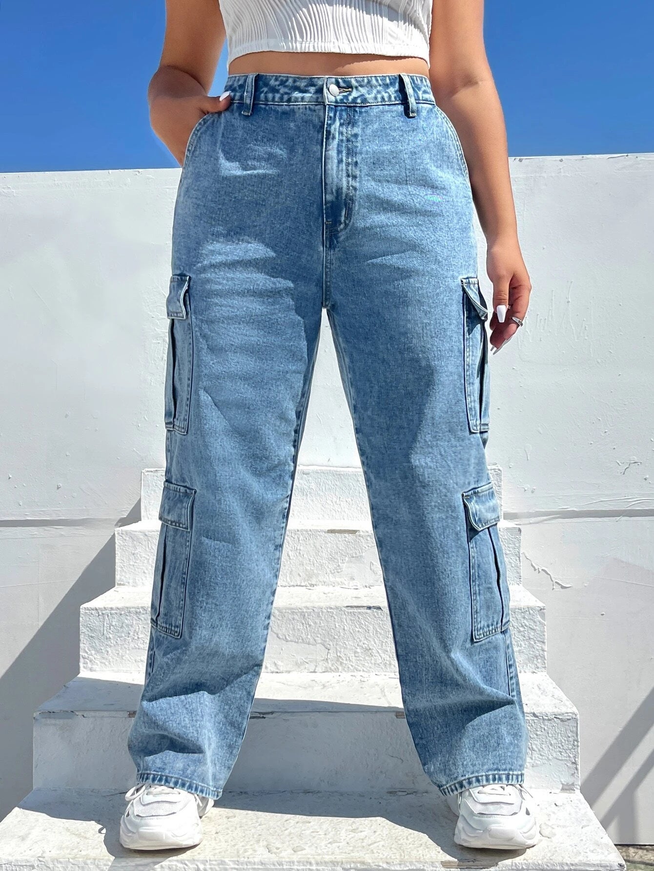 Side Flap Pocket Denim Cargo Jeans – side profile view