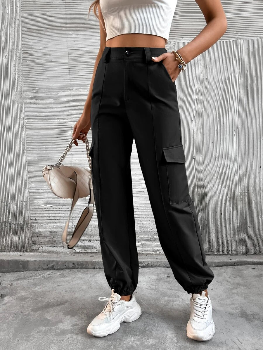 Flap Side Pocket Cargo Pants in Black #ts-3 – full length outfit view