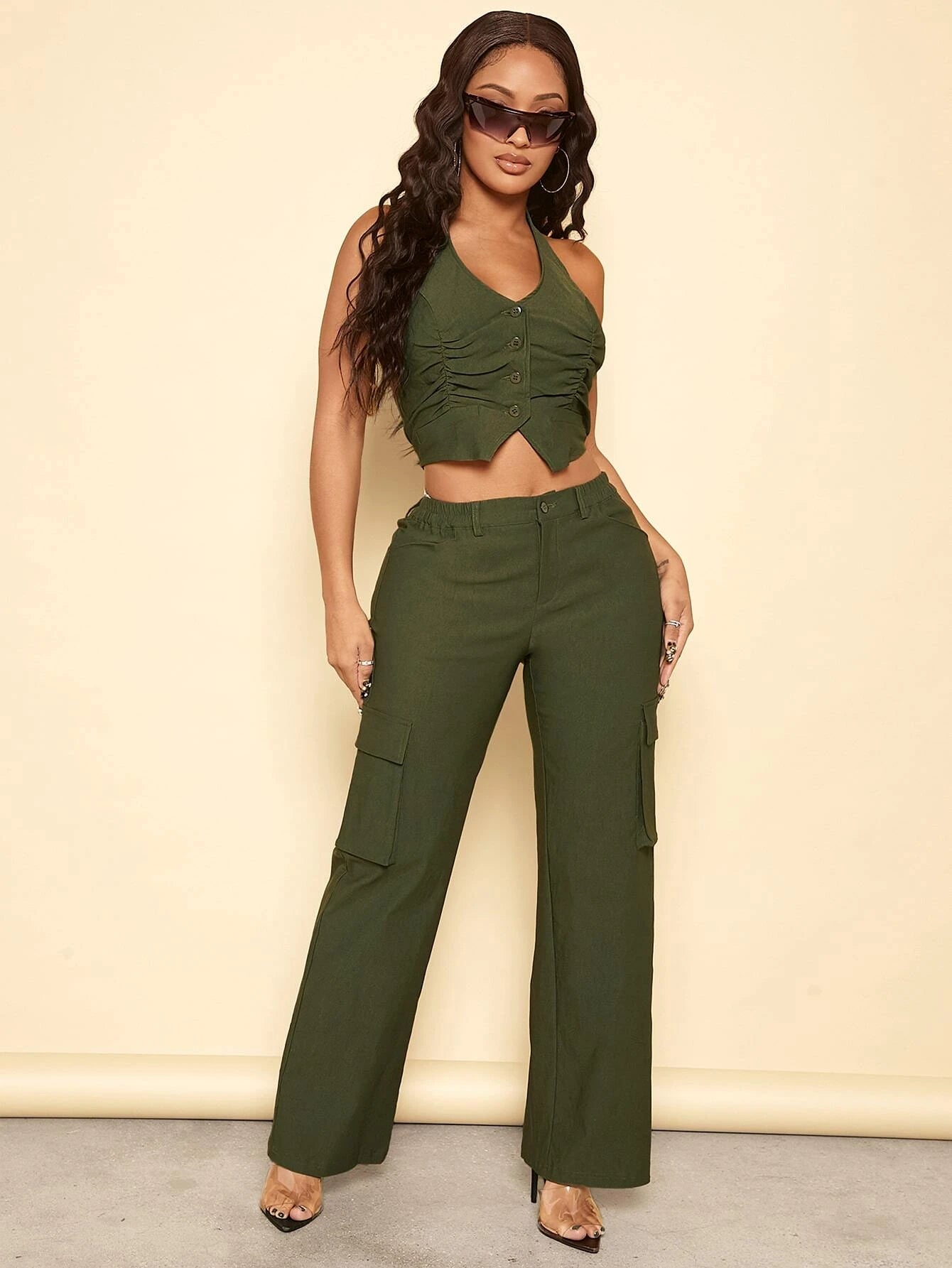 Ruched Front Halter Top And Cargo Pants – pocket detail close-up