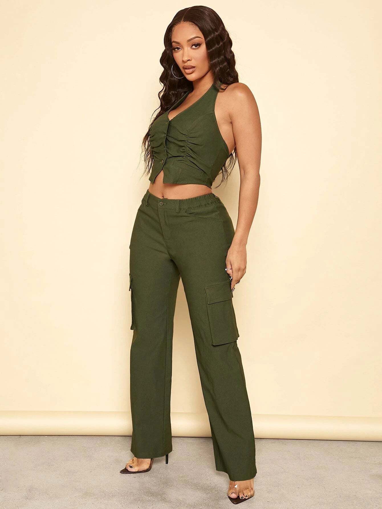 Ruched Front Halter Top And Cargo Pants – side profile view