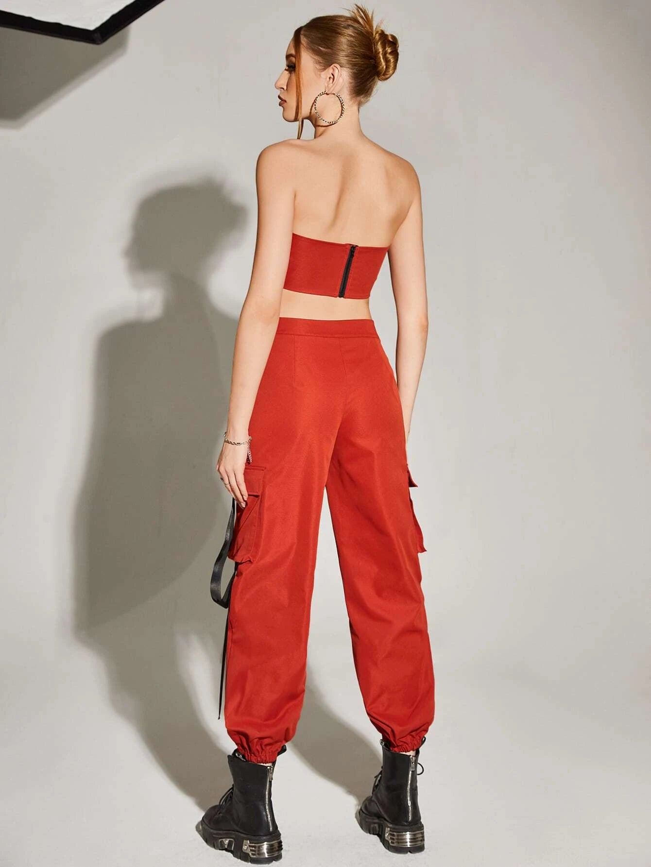 Bikercore Tube Top And Buckle Detail Cargo Pants – full length outfit view