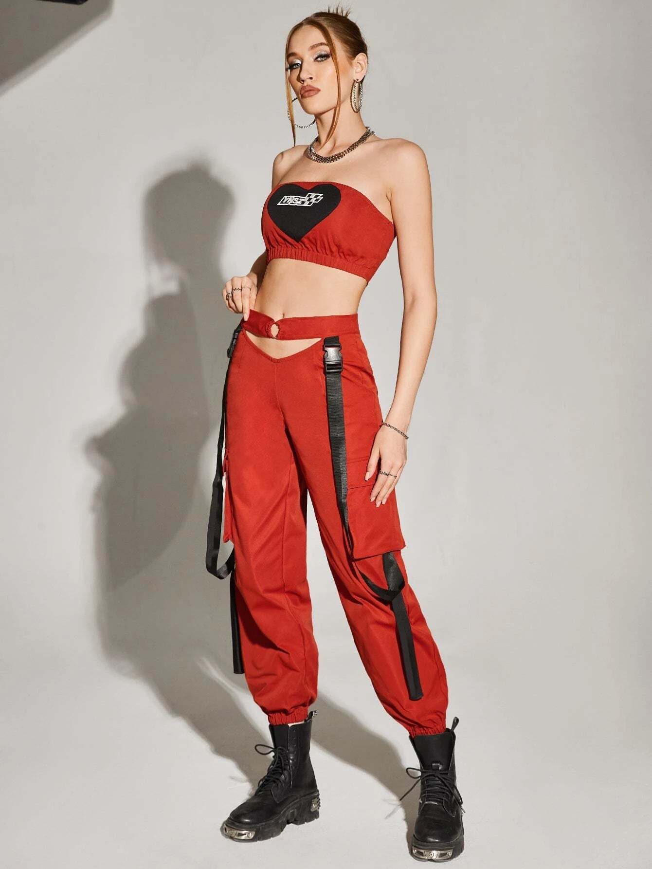 Bikercore Tube Top And Buckle Detail Cargo Pants