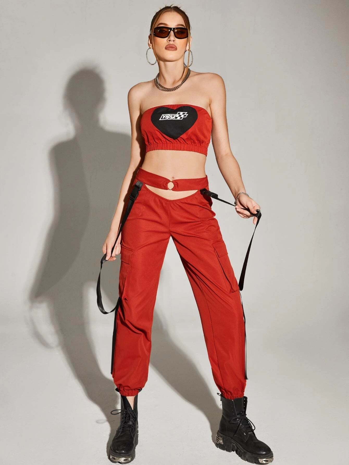 Bikercore Tube Top And Buckle Detail Cargo Pants