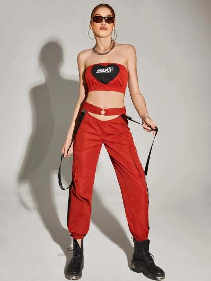 Bikercore Tube Top And Buckle Detail Cargo Pants