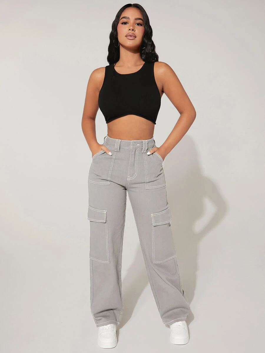 High Waist Denim Flap Pocket Cargo Jeans – lifestyle view 15