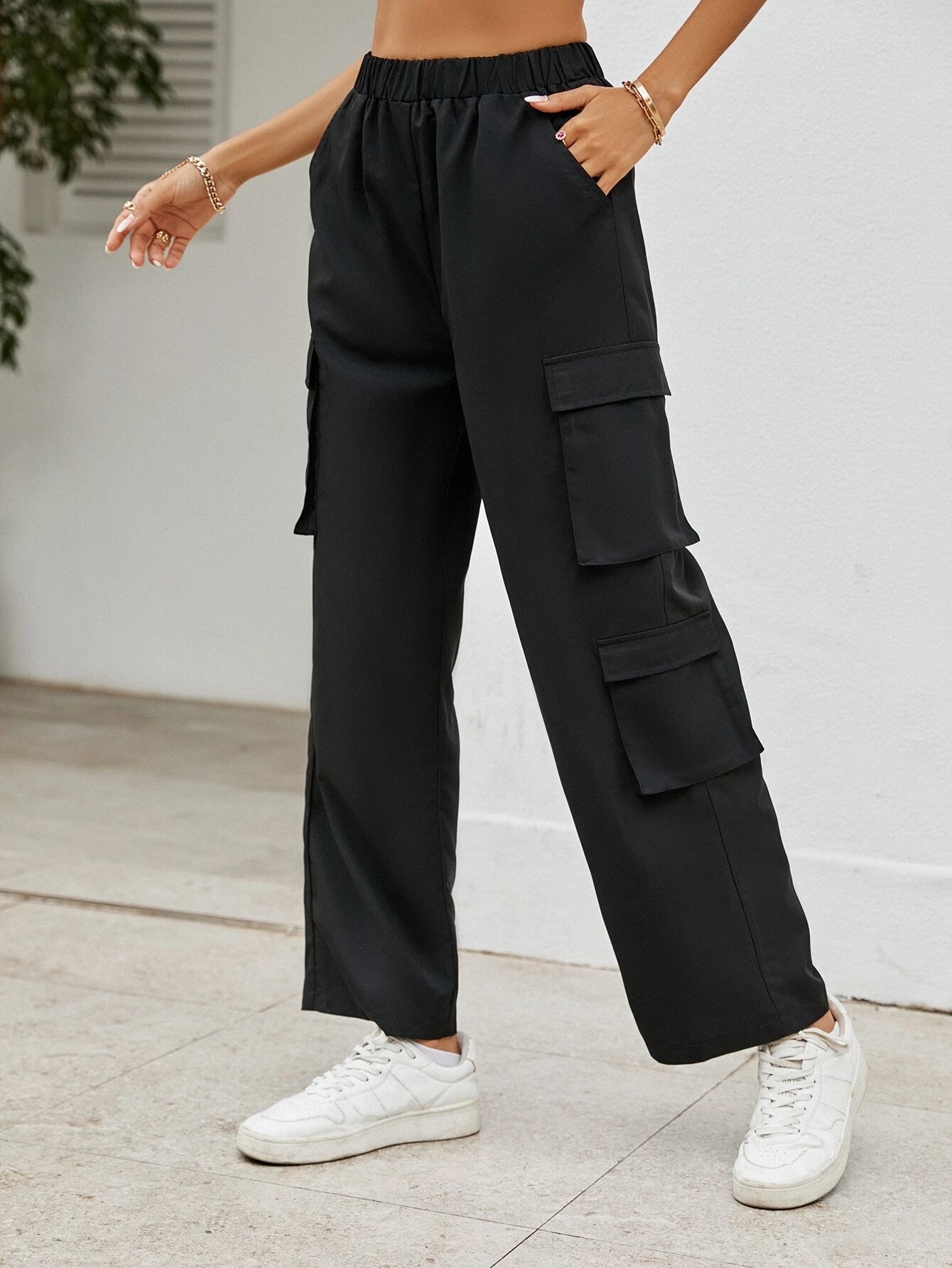 Elastic Waist Flap Pocket Side Cargo Pant – side profile view