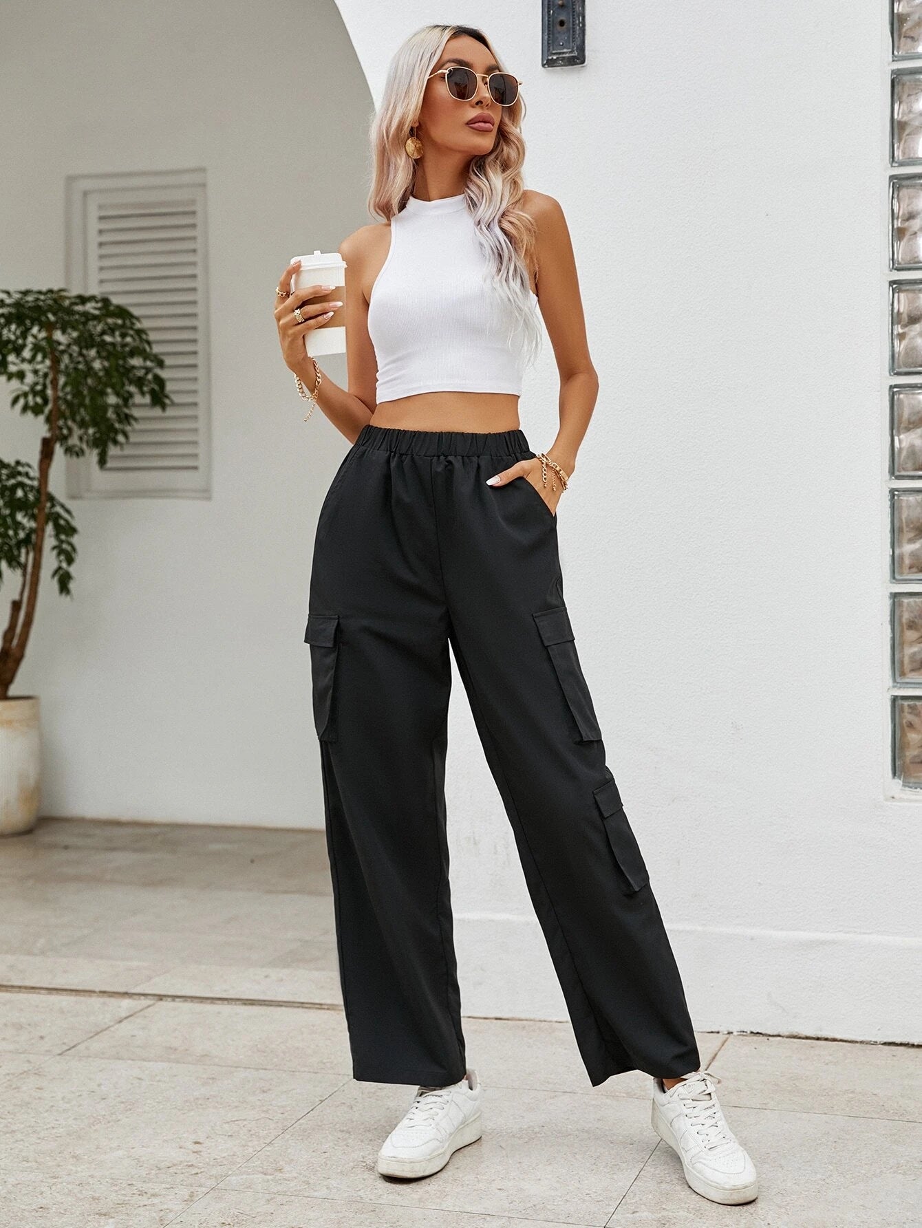 Elastic Waist Flap Pocket Side Cargo Pant – full length outfit view