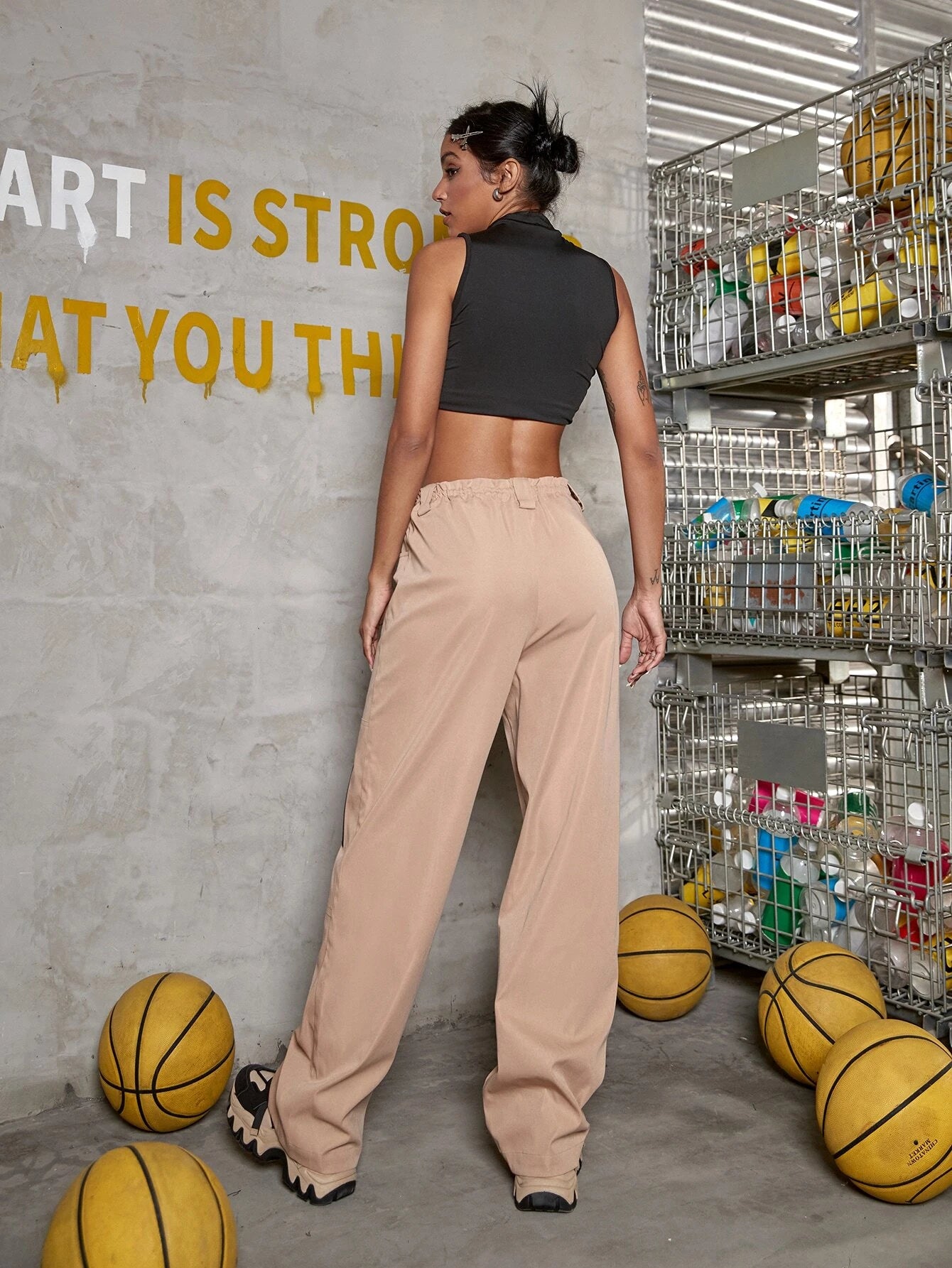 Street Drawstring Waist Pocket Side Cargo Pants – back view detail
