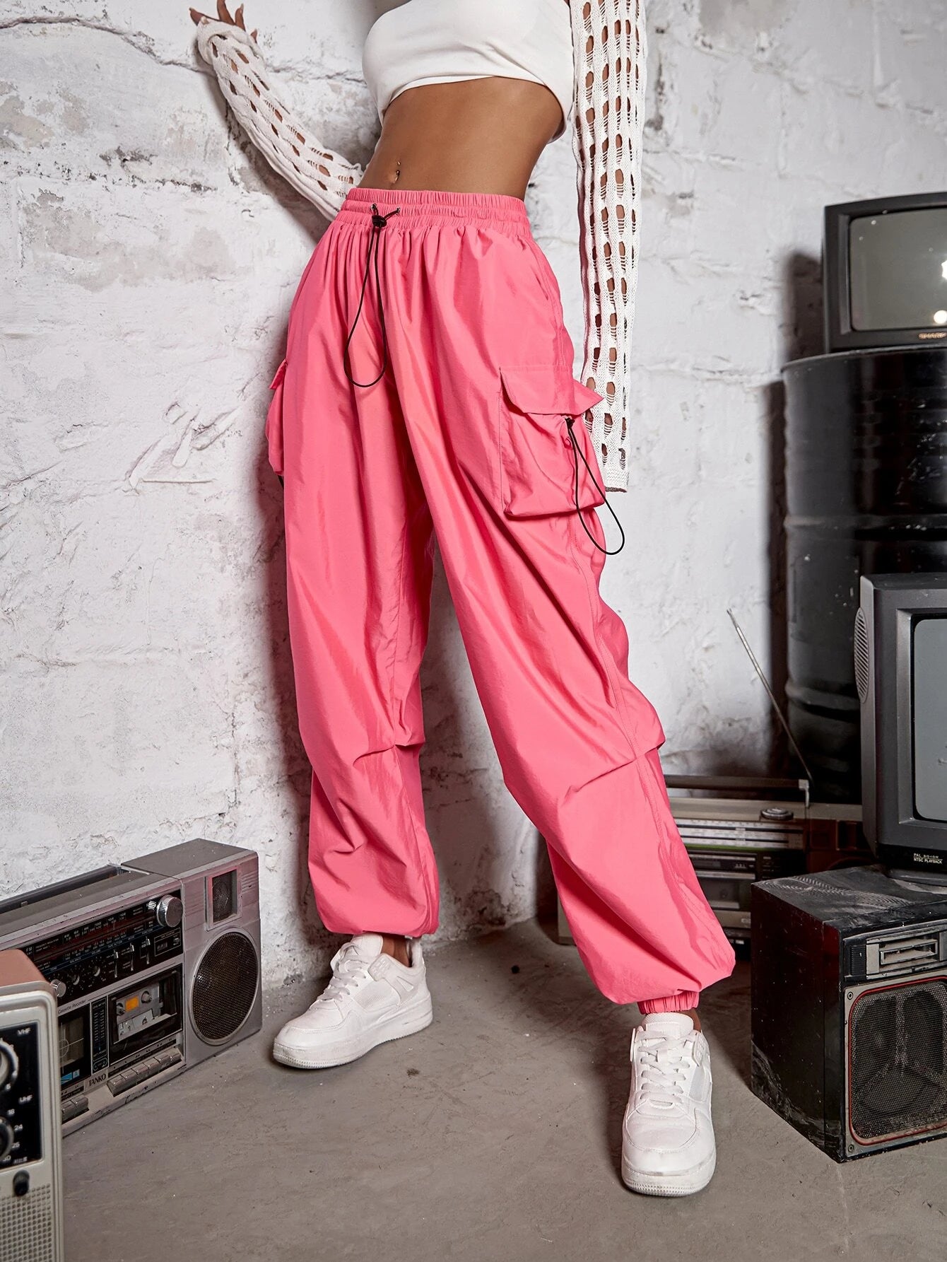 Street Drawstring Waist Cargo Parachute Pants – pocket detail close-up