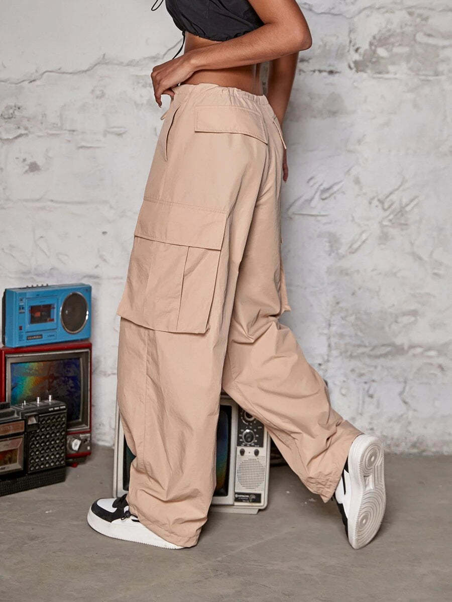 Drawstring Waist Wide Leg Parachute Cargo Jogger Pants