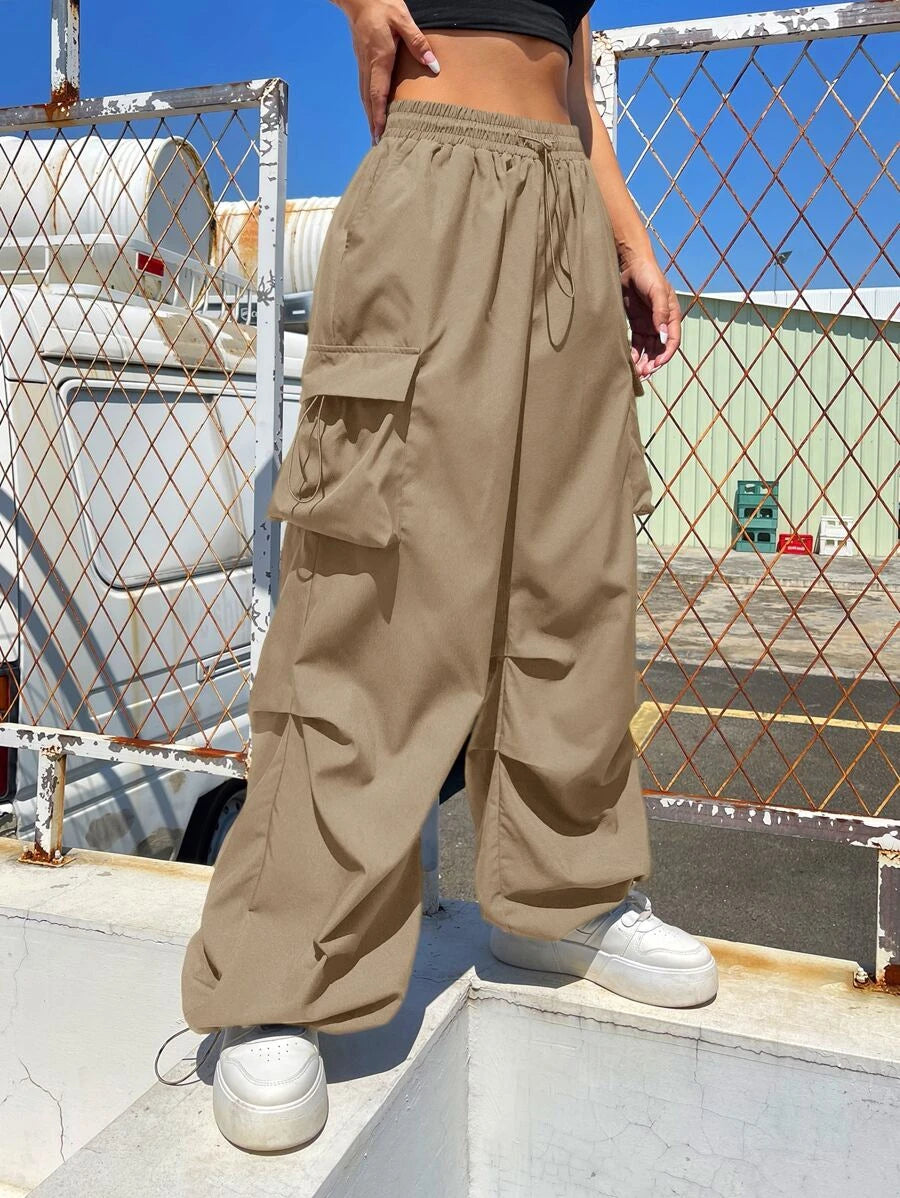 Flap Pocket Side Drawstring Waist Cargo Pants in Black #s-14 – lifestyle view 20