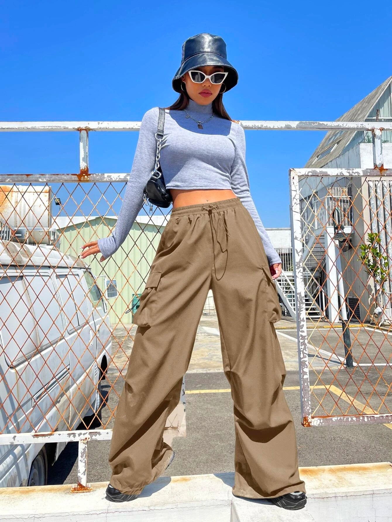 Flap Pocket Side Drawstring Waist Cargo Pants in Black #s-14 – lifestyle view 22