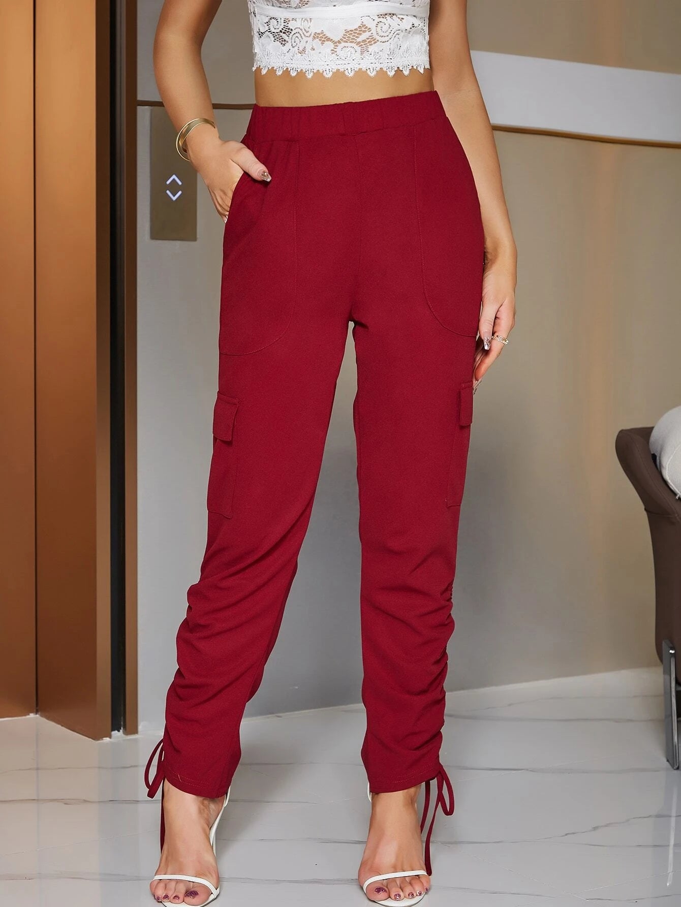 Stretchy Cargo Drawstring Pants – full length outfit view