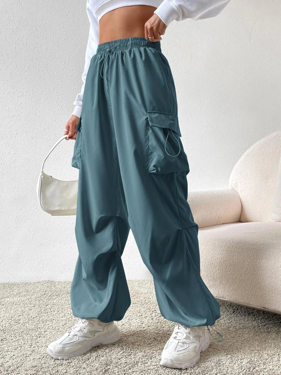 Flap Pocket Side Drawstring Waist Cargo Pants in Black #s-14 – lifestyle view 38