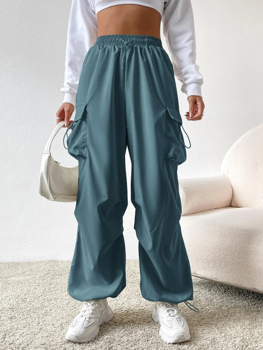 Flap Pocket Side Drawstring Waist Cargo Pants in Black #s-14 – lifestyle view 39