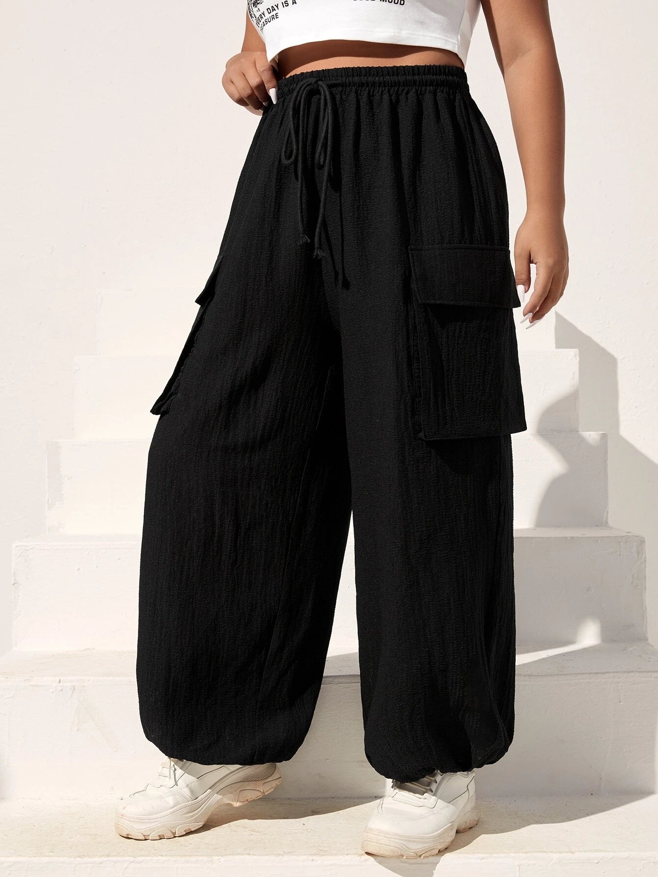 Flap Pocket Side Drawstring Waist Cargo Parachute Pants – back view detail