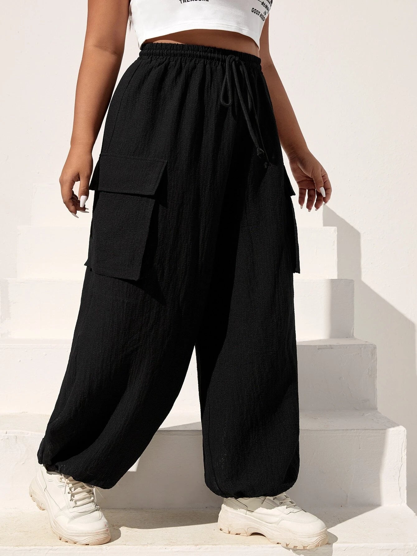 Flap Pocket Side Drawstring Waist Cargo Parachute Pants – side profile view
