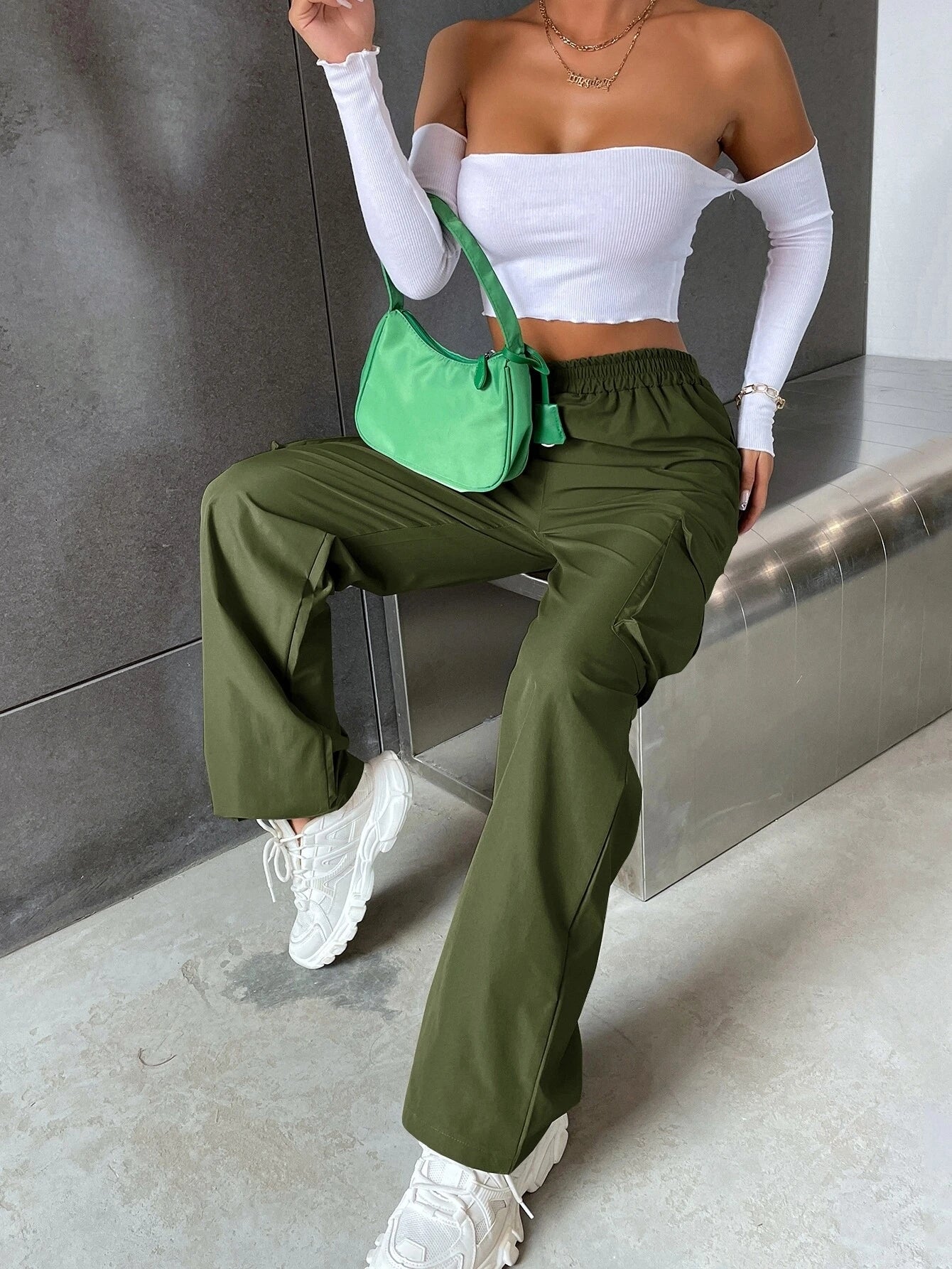 Solid Flap Pocket Side Cargo Pants in Black – lifestyle view 17