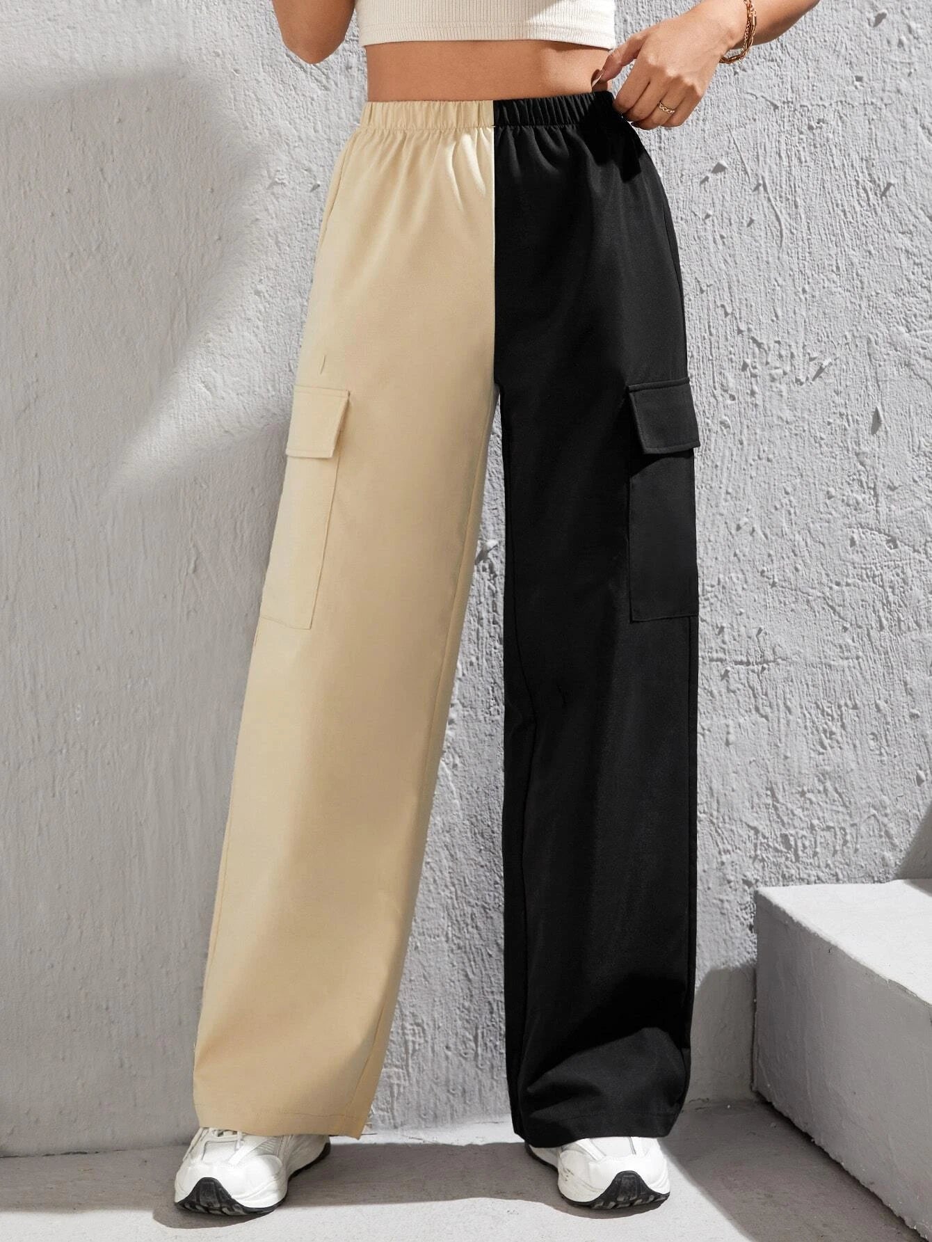 Two Tone Flap Pocket Side Cargo Pants – full length outfit view