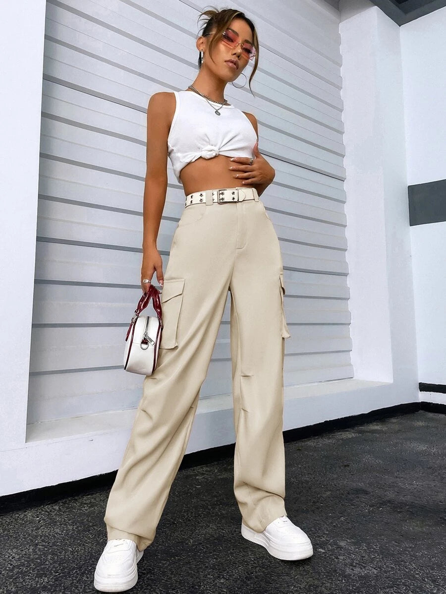 Solid Flap Pocket Side Cargo Pants – lifestyle view 47