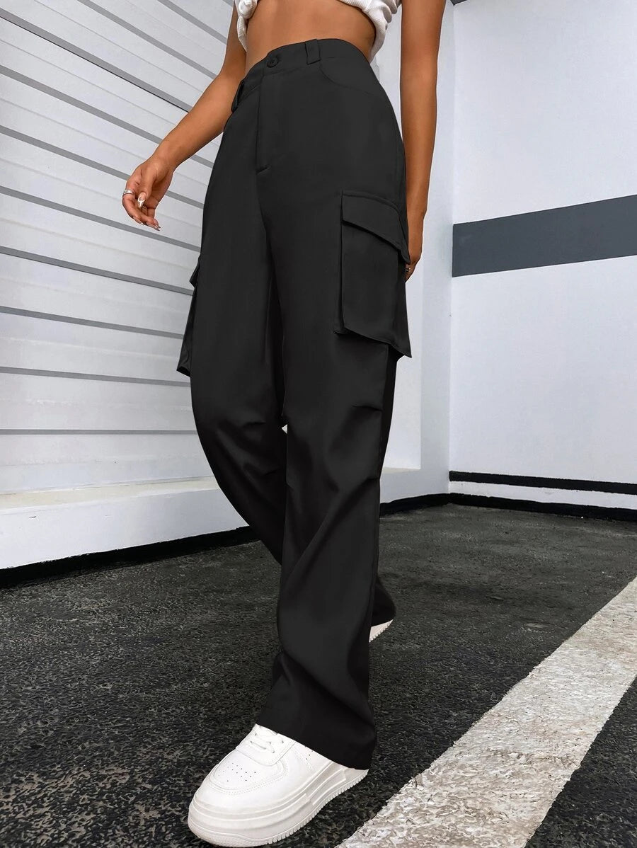 Solid Flap Pocket Side Cargo Pants – lifestyle view 49