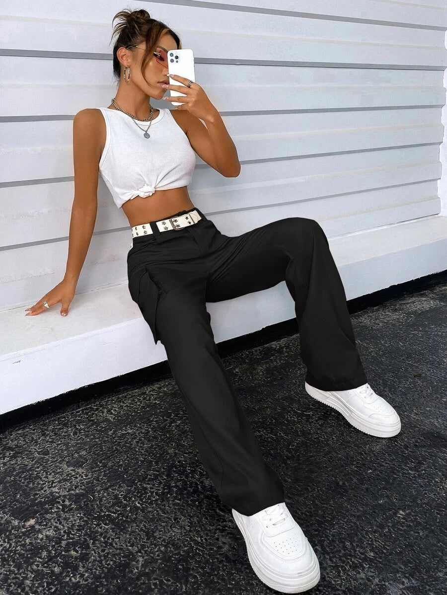 Solid Flap Pocket Side Cargo Pants – lifestyle view 52