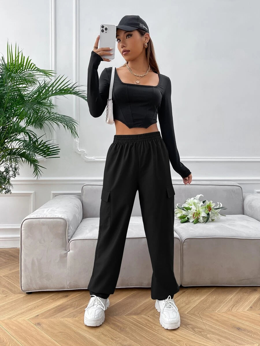 High Waist Side Pocket Flap Cargo Pants – lifestyle view 11