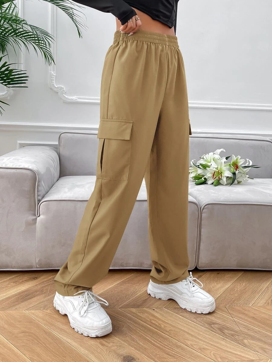 High Waist Side Pocket Flap Cargo Pants – fabric detail close-up