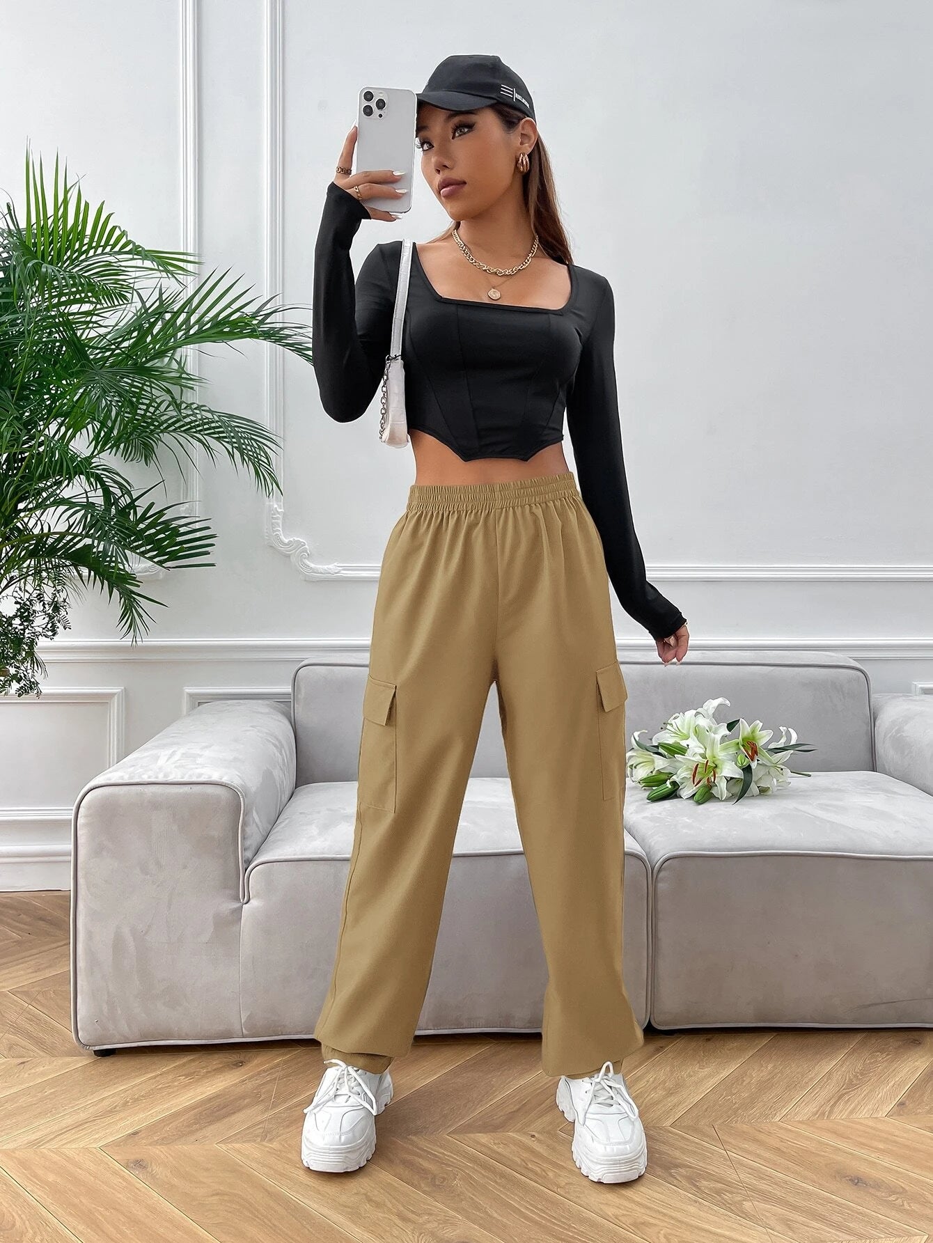 Flap Pocket Polyester Cargo Pants – side profile view