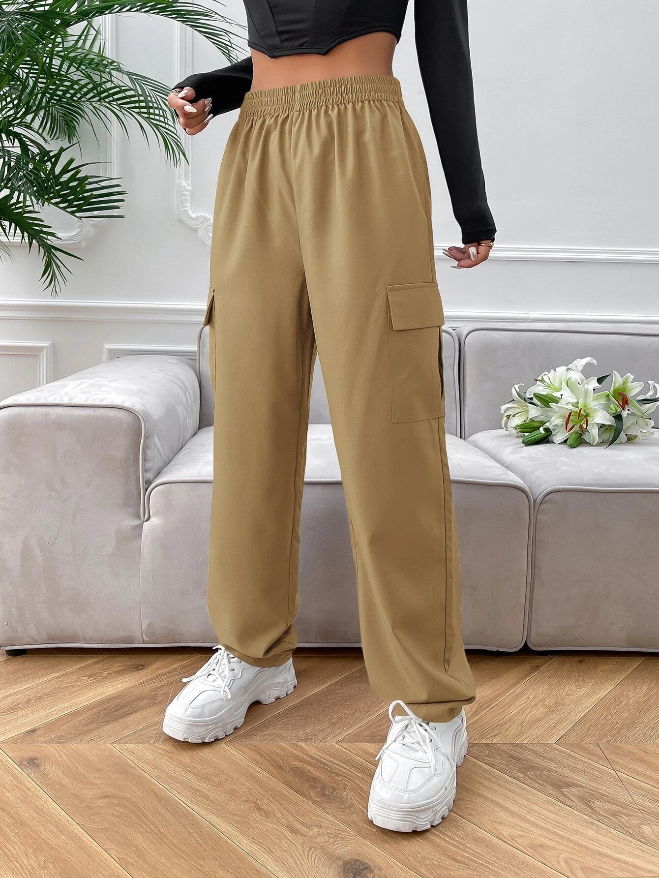 Flap Side Pocket Cargo Pants in Black – full length outfit view