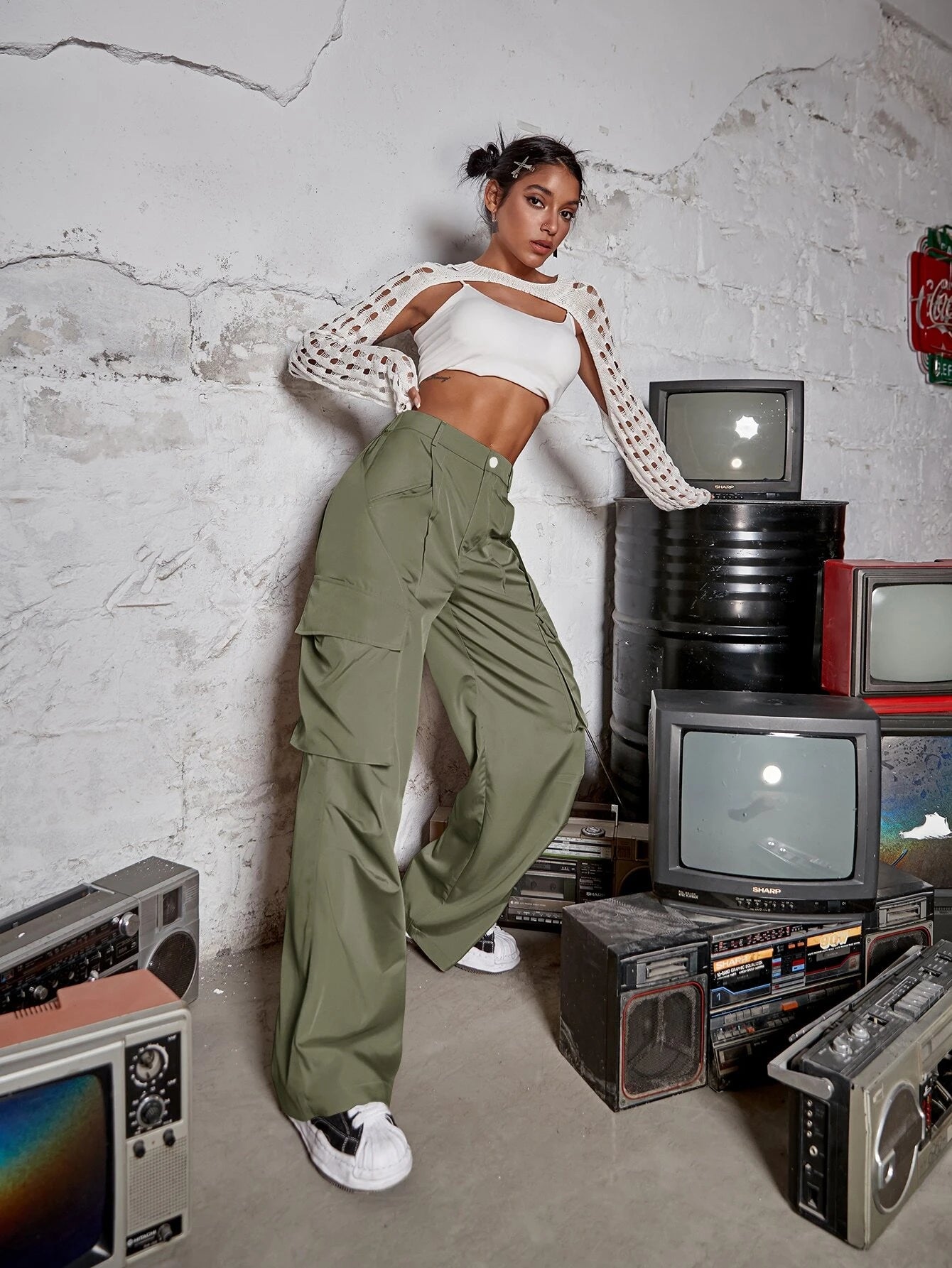 Flap Pocket Ruched Wide Leg Cargo Pants in Black – fabric detail close-up