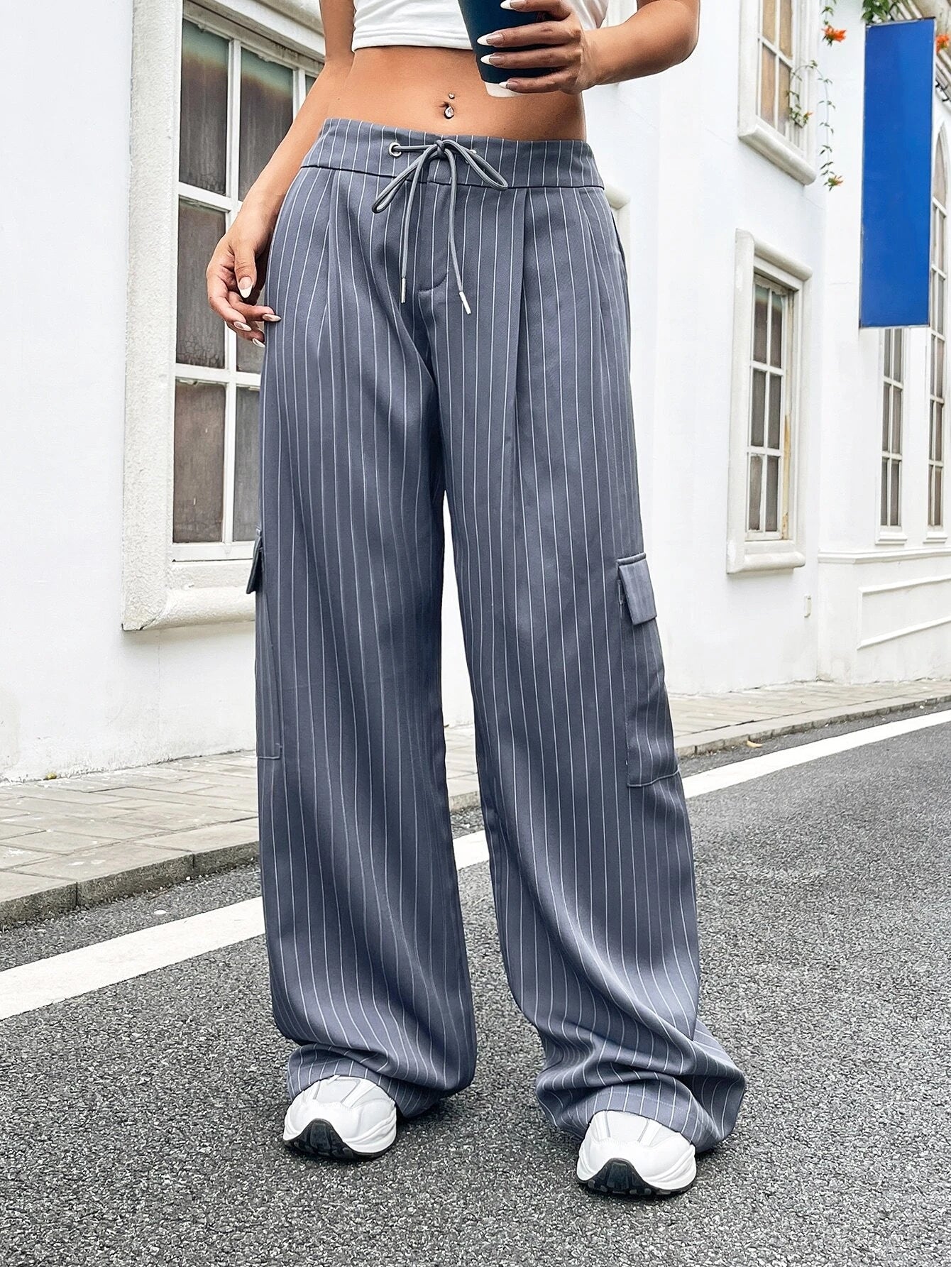 Printed Drawstring Cargo Pants – pocket detail close-up