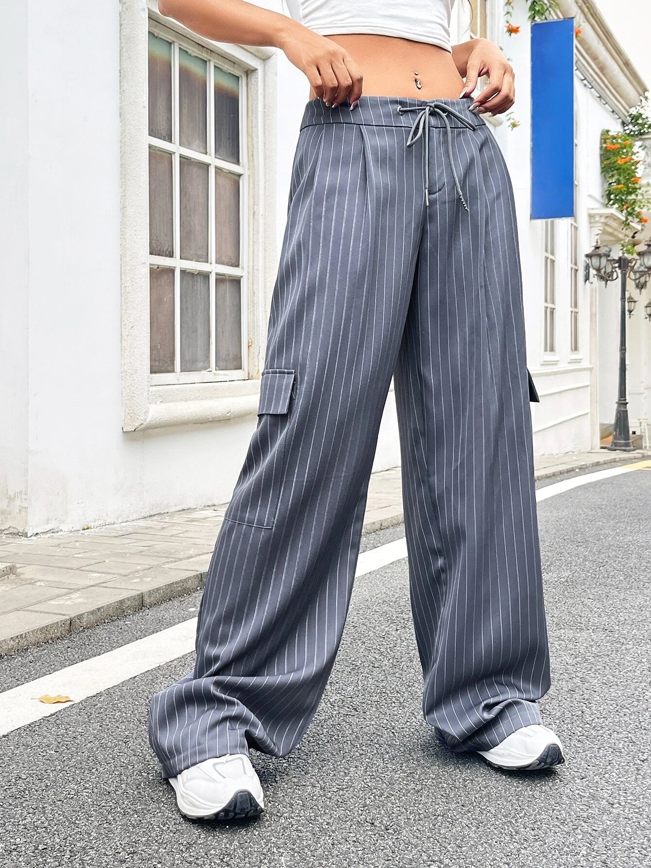 Printed Drawstring Cargo Pants – women's cargo pants front view